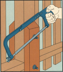 illustration of a person trimming bolts with a hacksaw